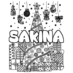 Coloring page first name SAKINA - Christmas tree and presents background