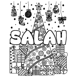 Coloring page first name SALAH - Christmas tree and presents background