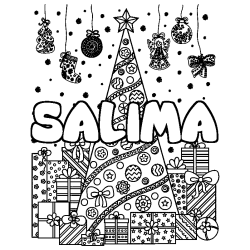 Coloring page first name SALIMA - Christmas tree and presents background