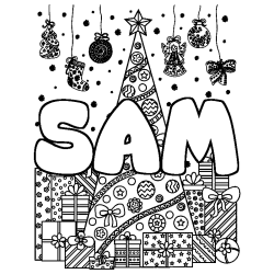 Coloring page first name SAM - Christmas tree and presents background