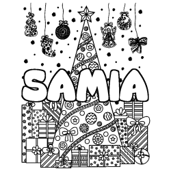 Coloring page first name SAMIA - Christmas tree and presents background