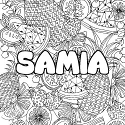 Coloring page first name SAMIA - Fruits mandala background