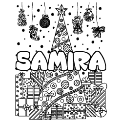 Coloring page first name SAMIRA - Christmas tree and presents background