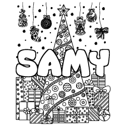 Coloring page first name SAMY - Christmas tree and presents background