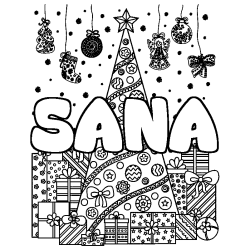 Coloring page first name SANA - Christmas tree and presents background