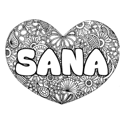 Coloring page first name SANA - Heart mandala background