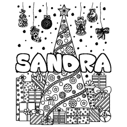 Coloring page first name SANDRA - Christmas tree and presents background