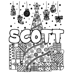 Coloring page first name SCOTT - Christmas tree and presents background