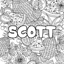 Coloring page first name SCOTT - Fruits mandala background
