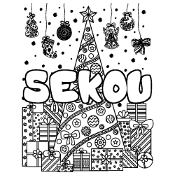 Coloring page first name SEKOU - Christmas tree and presents background