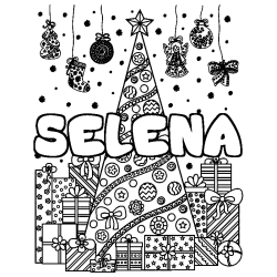 Coloring page first name SELENA - Christmas tree and presents background