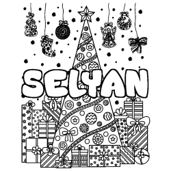 Coloring page first name SELYAN - Christmas tree and presents background