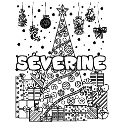 Coloring page first name SÉVERINE - Christmas tree and presents background