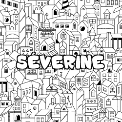Coloring page first name SÉVERINE - City background