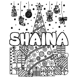 Coloring page first name SHAINA - Christmas tree and presents background