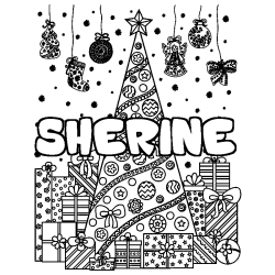 Coloring page first name SHERINE - Christmas tree and presents background