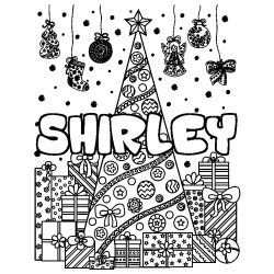 Coloring page first name SHIRLEY - Christmas tree and presents background