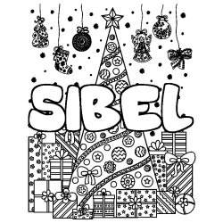 Coloring page first name SIBEL - Christmas tree and presents background