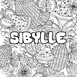 Coloring page first name SIBYLLE - Fruits mandala background