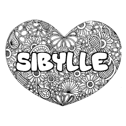 Coloring page first name SIBYLLE - Heart mandala background