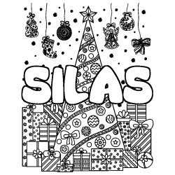 Coloring page first name SILAS - Christmas tree and presents background