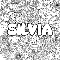 Coloring page first name SILVIA - Fruits mandala background