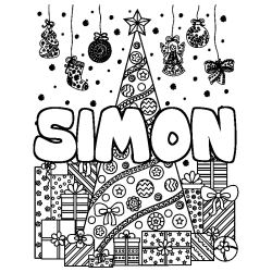 Coloring page first name SIMON - Christmas tree and presents background
