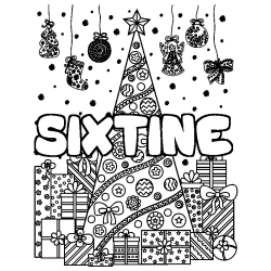 Coloring page first name SIXTINE - Christmas tree and presents background