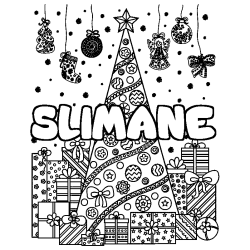 Coloring page first name SLIMANE - Christmas tree and presents background