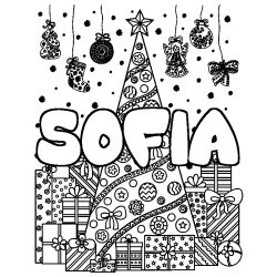 Coloring page first name SOFIA - Christmas tree and presents background