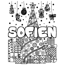 Coloring page first name SOFIEN - Christmas tree and presents background