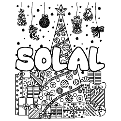 Coloring page first name SOLAL - Christmas tree and presents background
