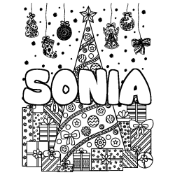 Coloring page first name SONIA - Christmas tree and presents background