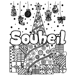 Coloring page first name Souheïl - Christmas tree and presents background