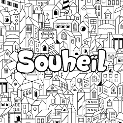 Coloring page first name Souheïl - City background
