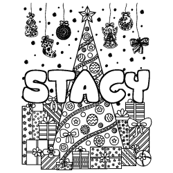 Coloring page first name STACY - Christmas tree and presents background