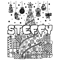 Coloring page first name STEFFY - Christmas tree and presents background
