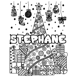 Coloring page first name STÉPHANE - Christmas tree and presents background