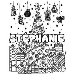 Coloring page first name STÉPHANIE - Christmas tree and presents background