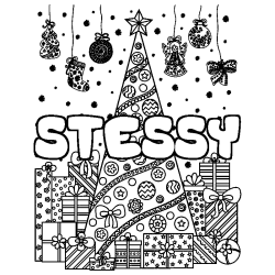 Coloring page first name STESSY - Christmas tree and presents background
