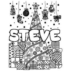 Coloring page first name STEVE - Christmas tree and presents background