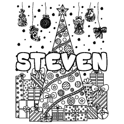 Coloring page first name STEVEN - Christmas tree and presents background
