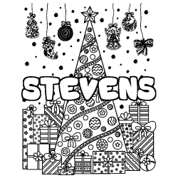 Coloring page first name STEVENS - Christmas tree and presents background