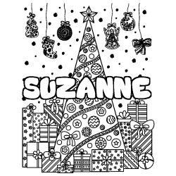 Coloring page first name SUZANNE - Christmas tree and presents background