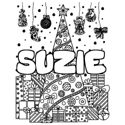 Coloring page first name SUZIE - Christmas tree and presents background