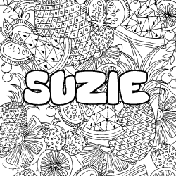 Coloring page first name SUZIE - Fruits mandala background