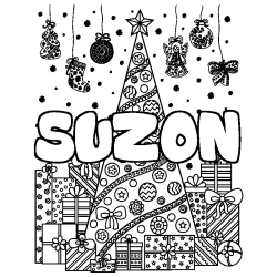 Coloring page first name SUZON - Christmas tree and presents background