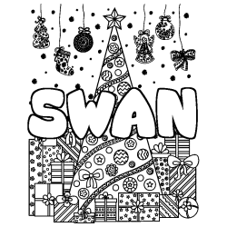 Coloring page first name SWAN - Christmas tree and presents background