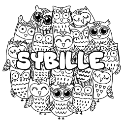 Coloring page first name SYBILLE - Owls background