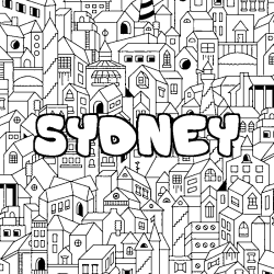Coloring page first name SYDNEY - City background